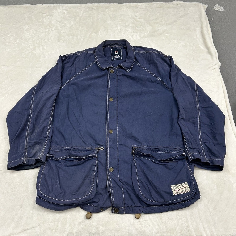 Fila Sport Utility Jacket Mens Medium Navy Blue Contrast Stitch Plaid Lined